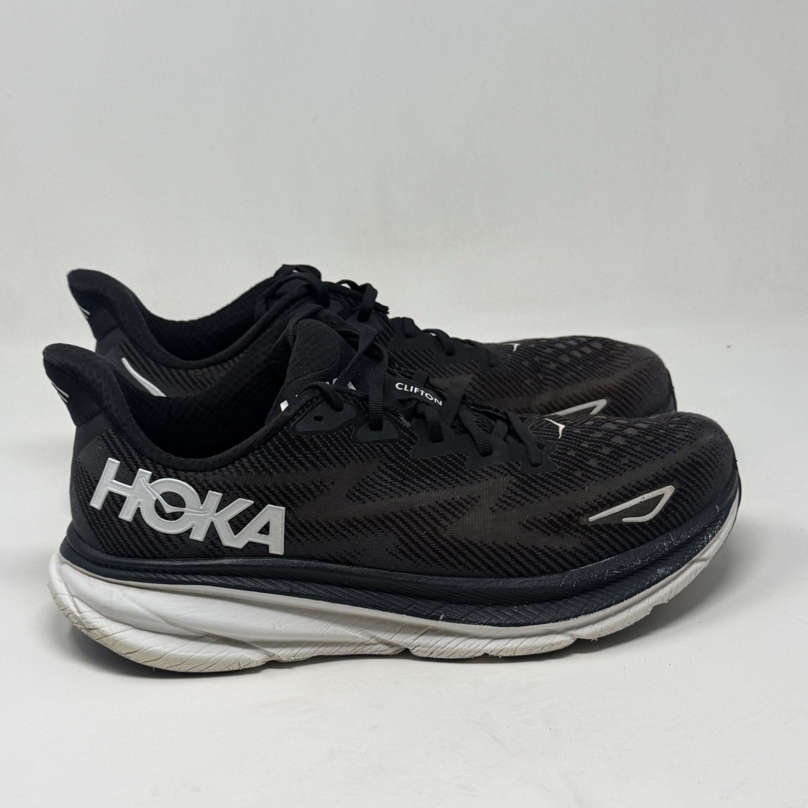 Hoka One One Clifton 9 Shoes Mens 12 D Black White Mesh Running Walking Sneakers