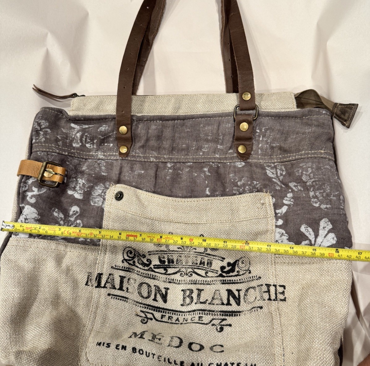 Myra Bag “Maison Blanche” Upcycled Linen Canvas Tote W/ Leather Handles