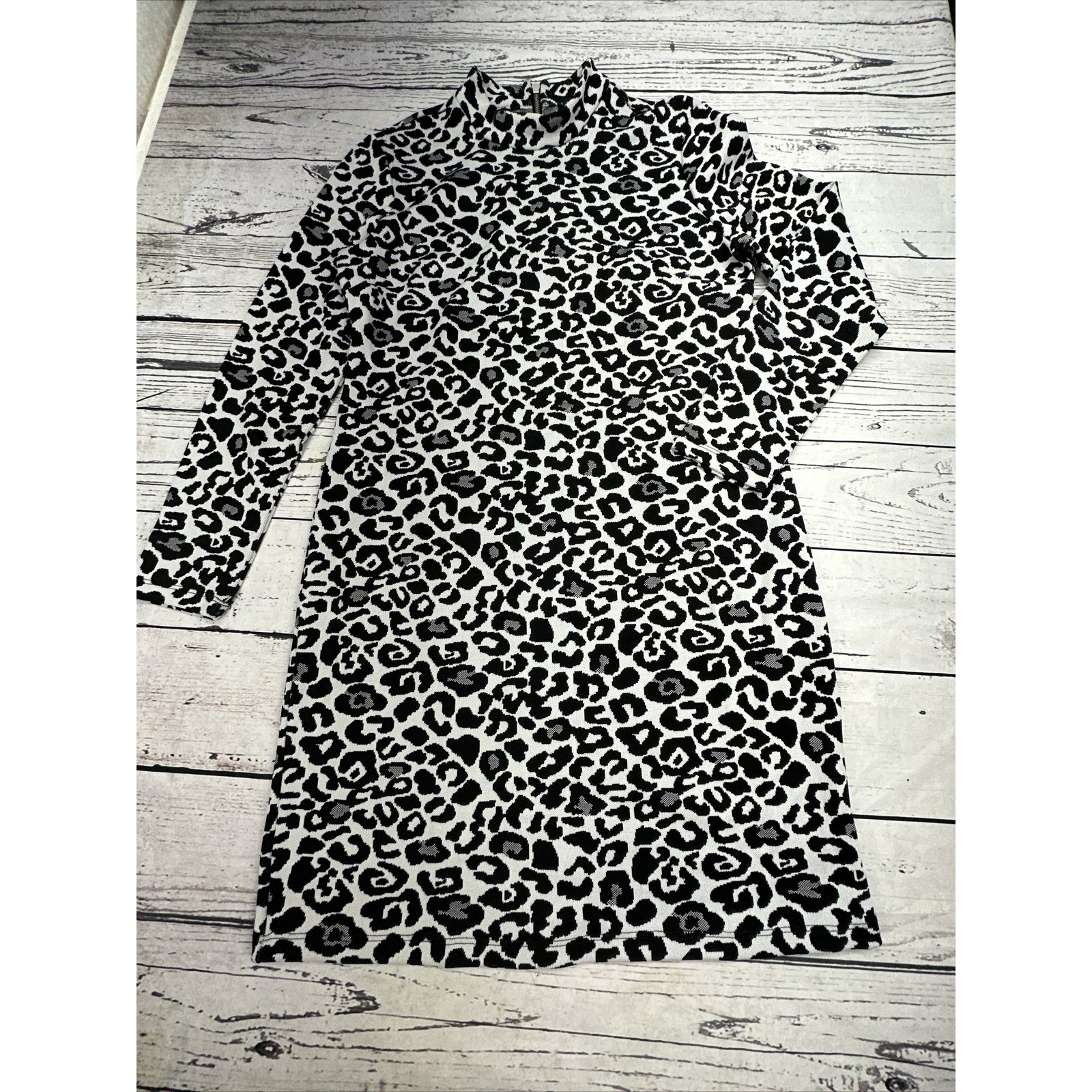 Tribal Leopard Print Mock Neck Long Sleeve Knit Dress G/L Made in China