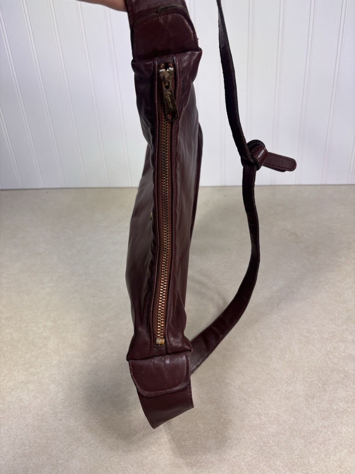 1980s Etienne Aigner Oxblood Leather Knotted Hobo Bag Curved Scoop Purse