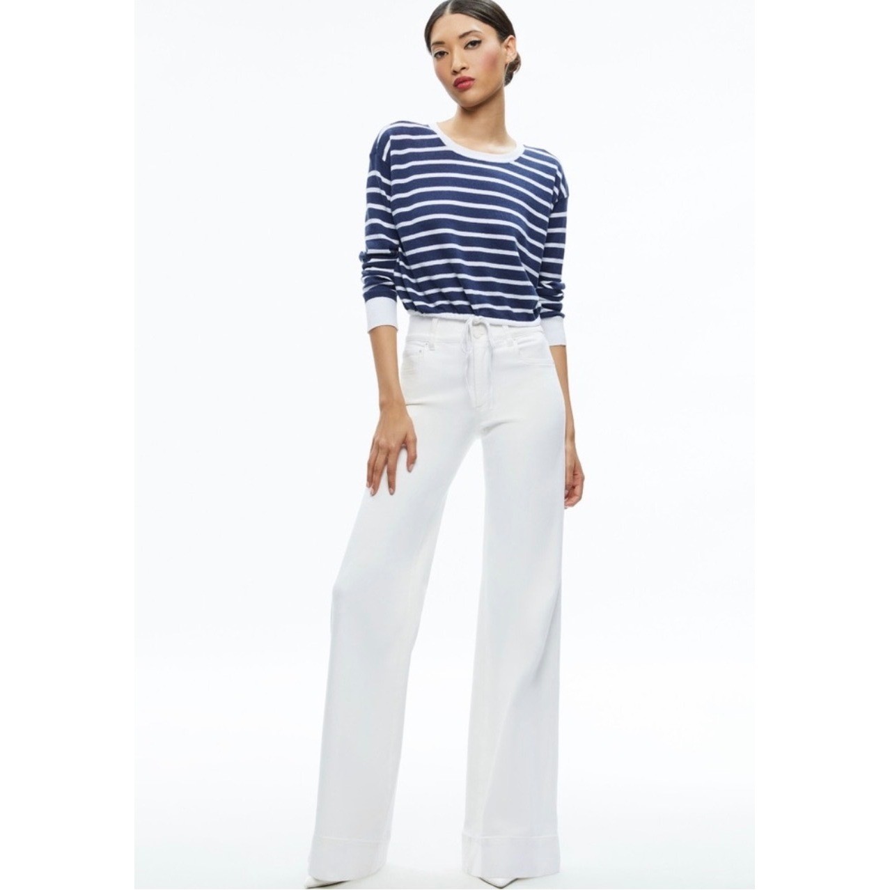 Alice + Olivia Navy Bernetta White Blue Stripe Linen Cotton Crop Sweater Small