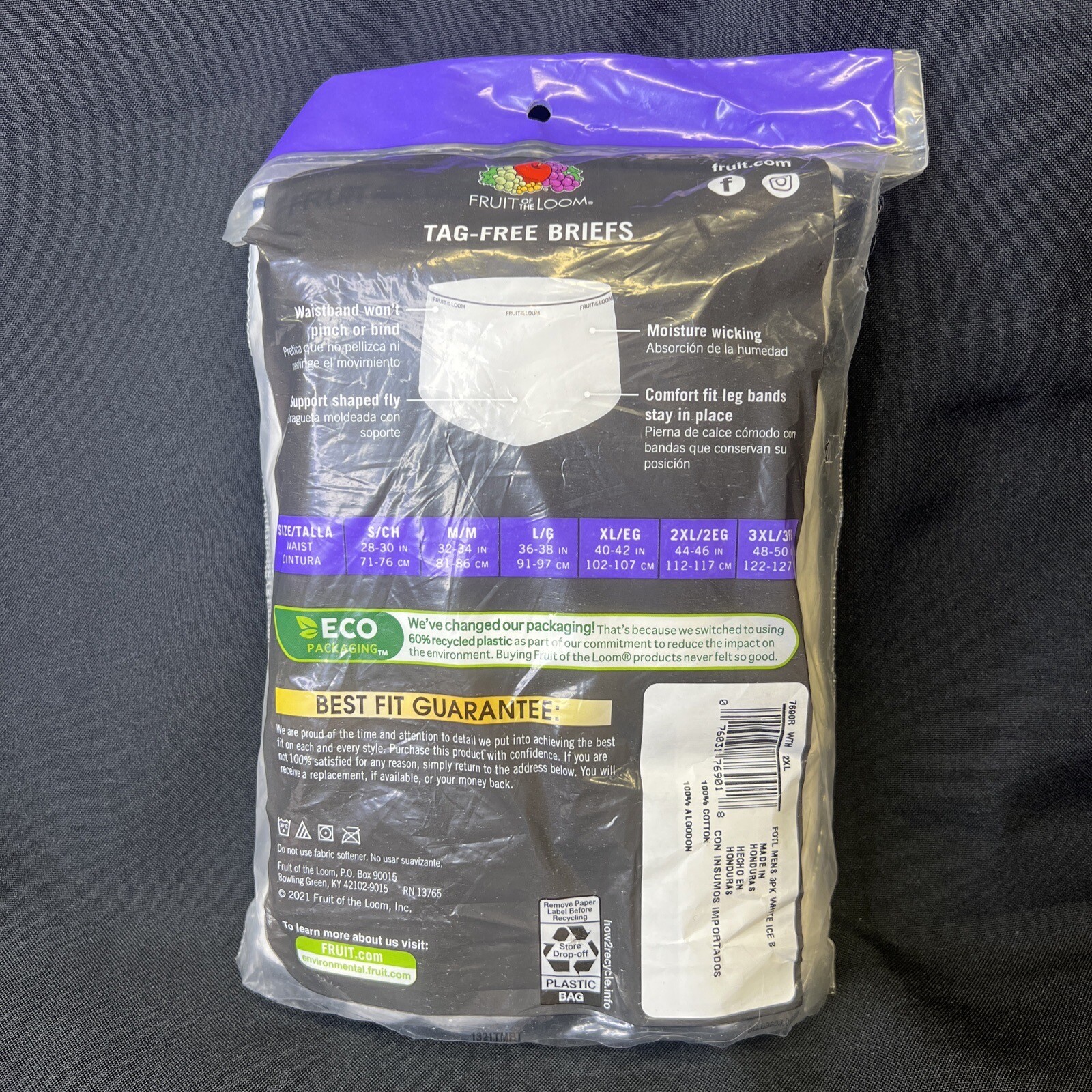 3-Pack • Fruit of the Loom Tag-Free Briefs Size 2XL • 44-46” Waist 100% Cotton