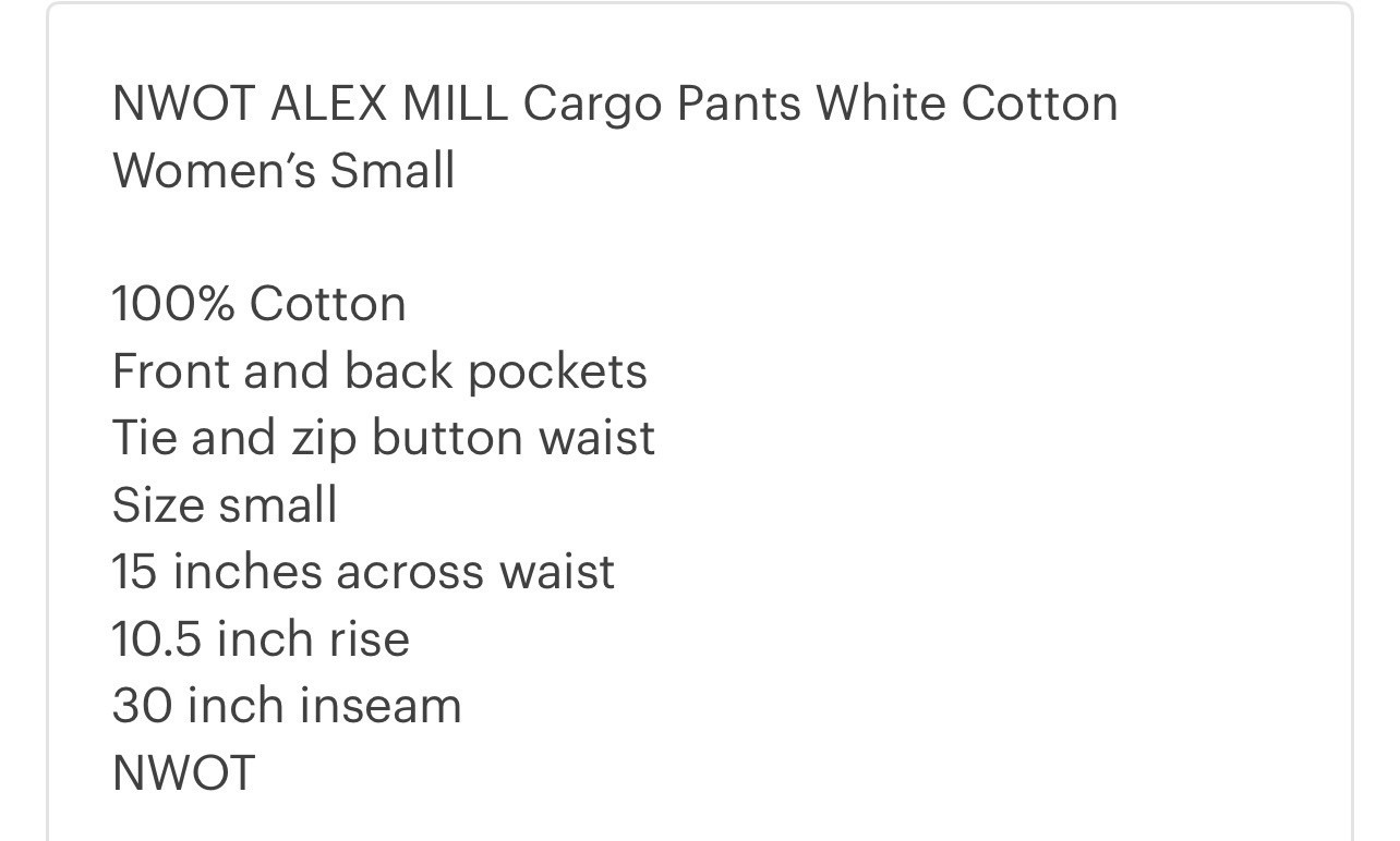 NWOT ALEX MILL Cargo Pants White Cotton Women’s Small