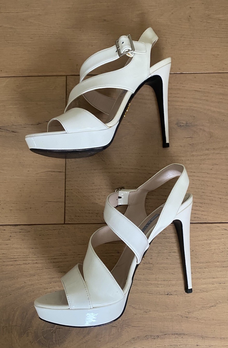 PRADA Leather Stiletto Strappy Sandals Heels 12cm in Bianco/cream 37.5 Aus 6.5