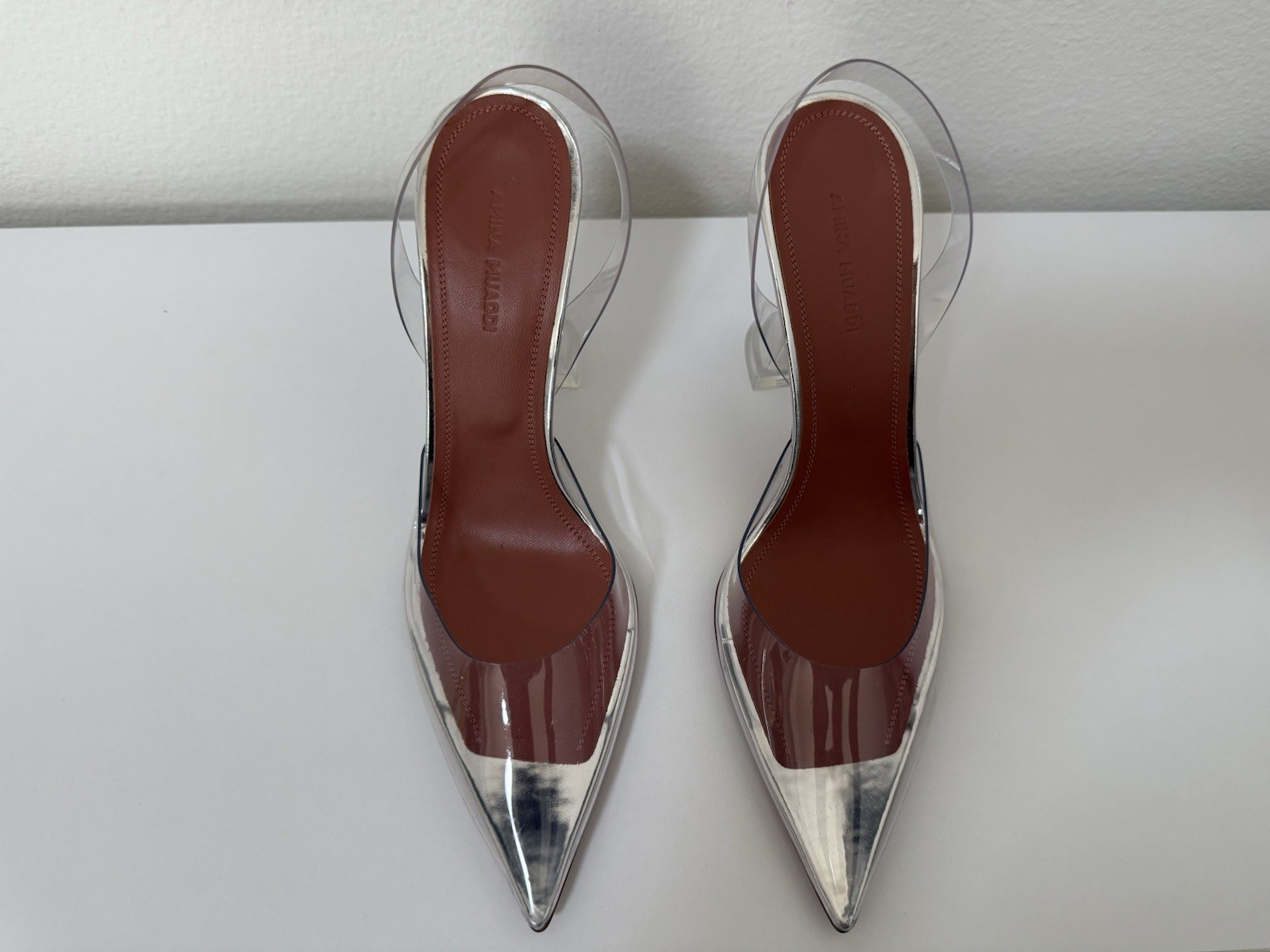 Amina Muaddi Transparent PVC Slingback Pumps Clear Silver Size 38.5 NEW
