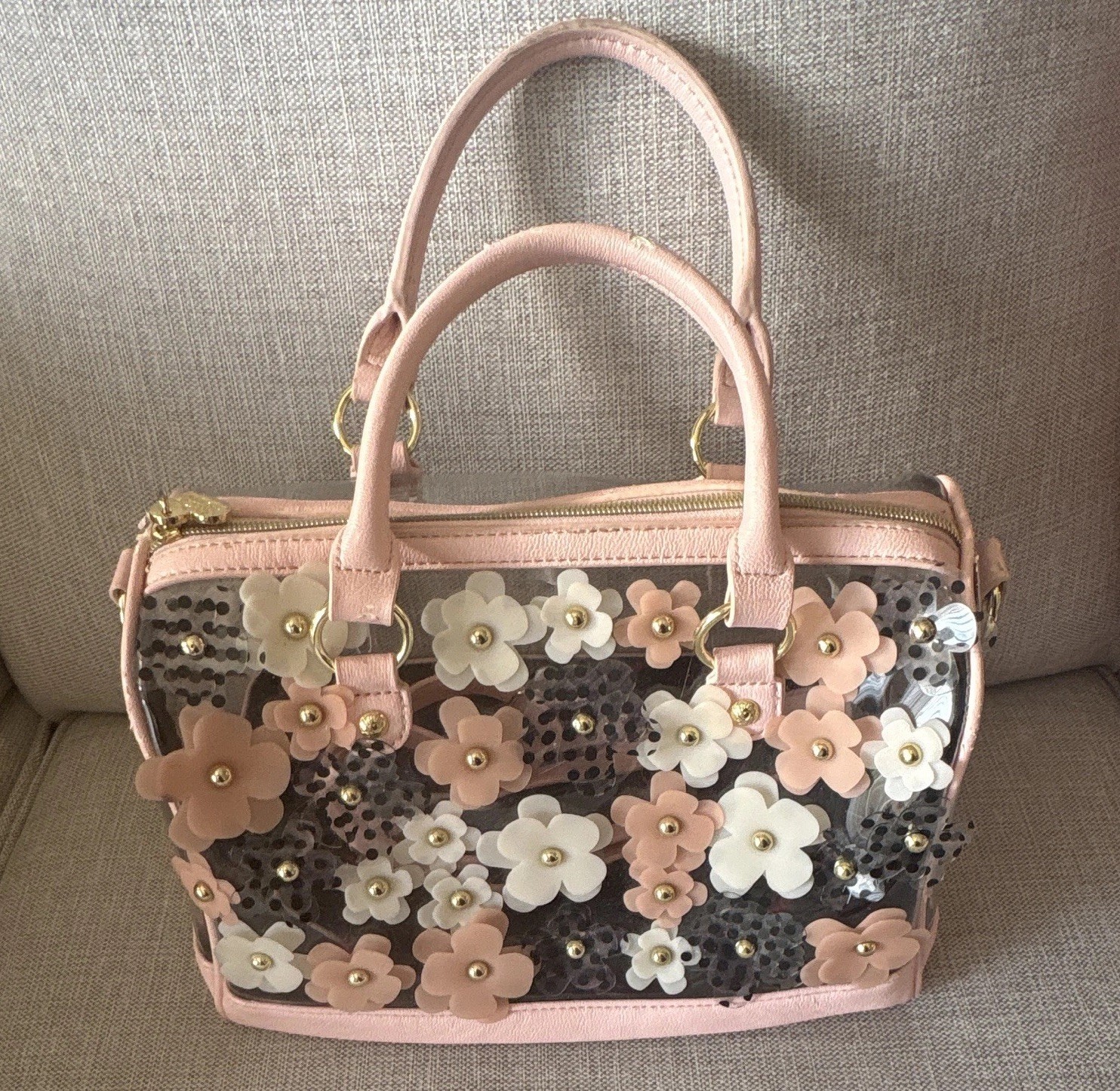 Betsey Johnson Clear Pink Floral Sequin 3D Flower Satchel Top Handle Det Strap
