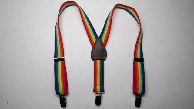 Men’s Y Suspenders, Rainbow Stripes with Belt Loop Snaps, Clips, USA Made