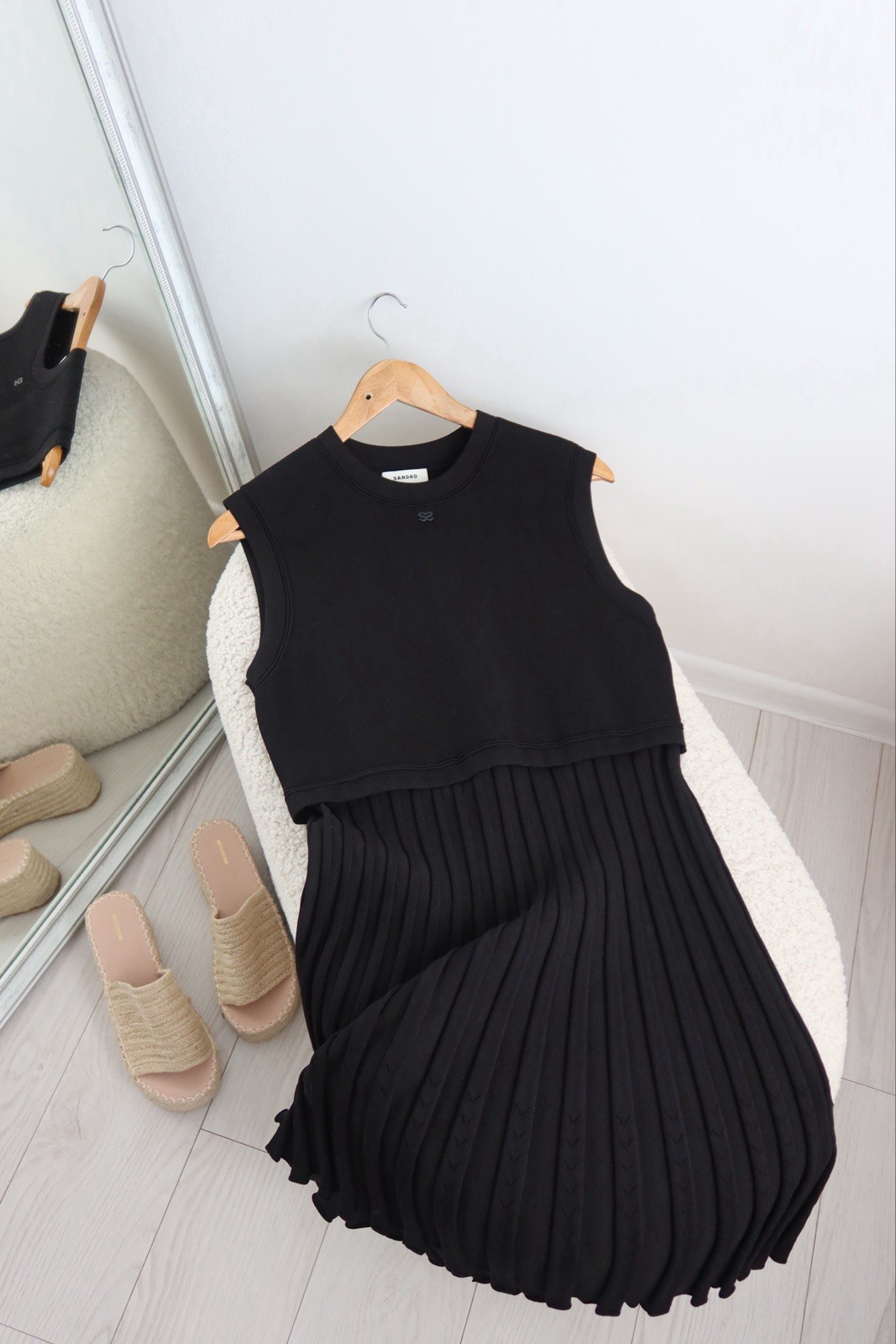 Sandro black pleated stretch-knit mini dress size M/L