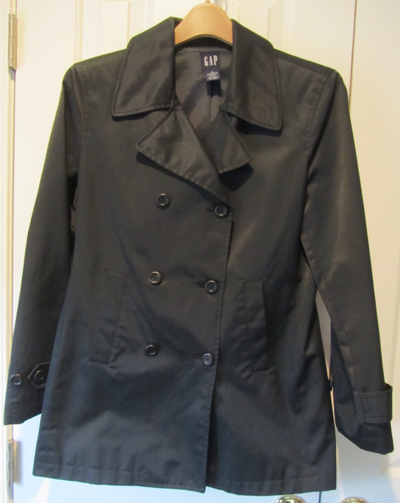 Gap Womens Trench Coat Medium Black Double Breasted Classic Jacket with Pockets