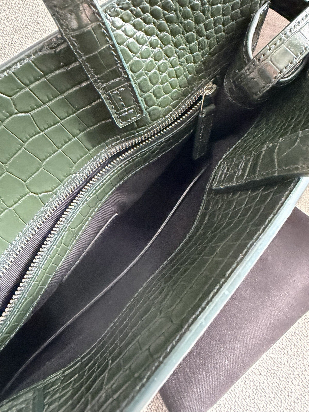 SAINT LAURENT Small Manhattan Green Silver Embossed Leather Bag Shoulder Strap