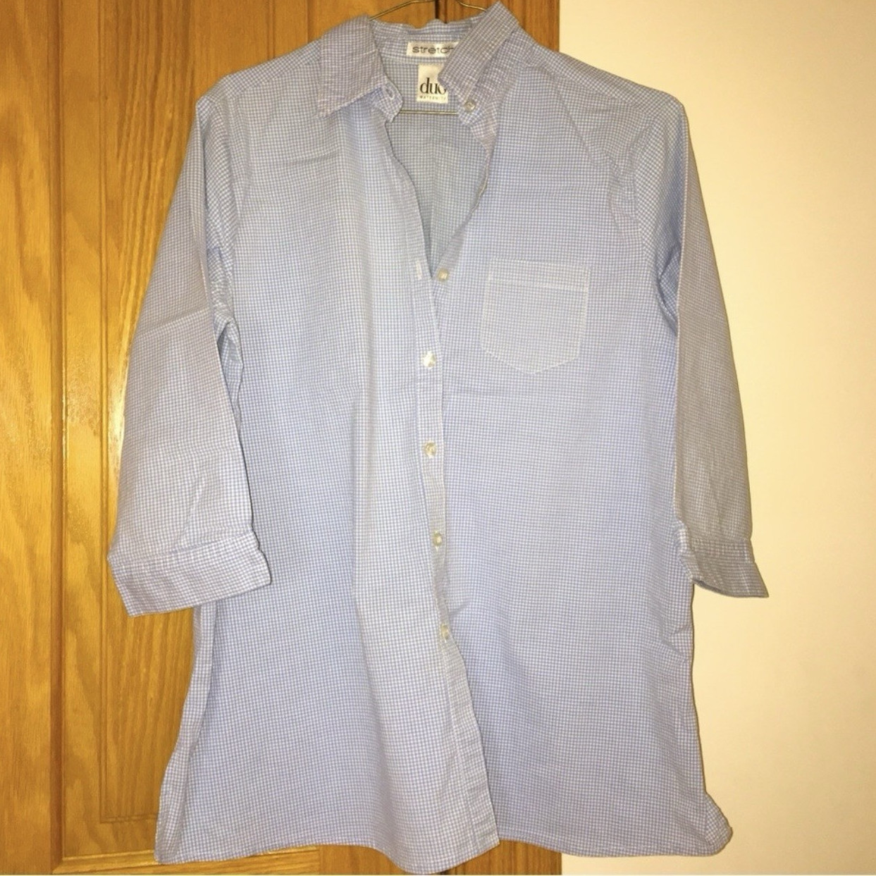 Duo Maternity S Stretch Blue/White Gingham Collared 3/4 Sleeve Button-Up Shirt