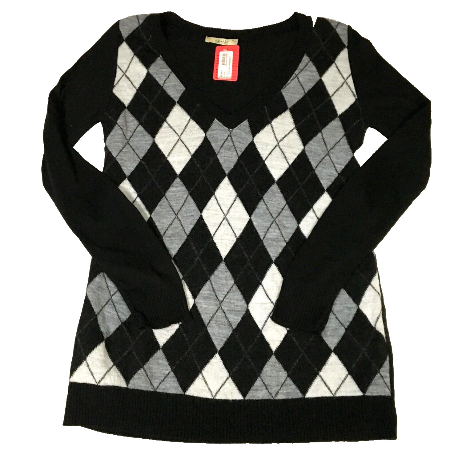No-Na Womens Italian Wool Cashmere Blend Sweater Sz S Black Gray Argyle NWT $298