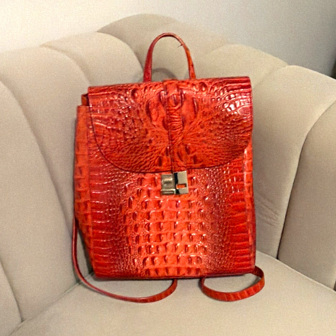 Women’s Orange Croc Embossed Backpack Top Handle Buckle Silver Hardware Pockets