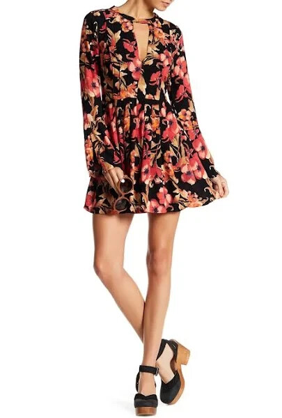 Free People Tegan Black Orange Floral Bell Long Sleeve Fit Flare Mini Dress Sz 0