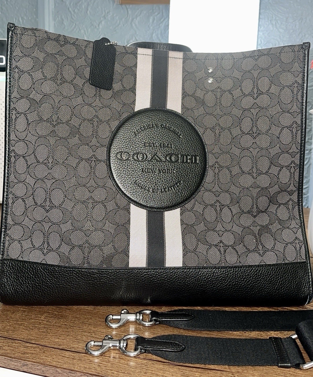 Coach Dempsey Tote 40 Signature Jacquard & Leather with Stripe & Patch