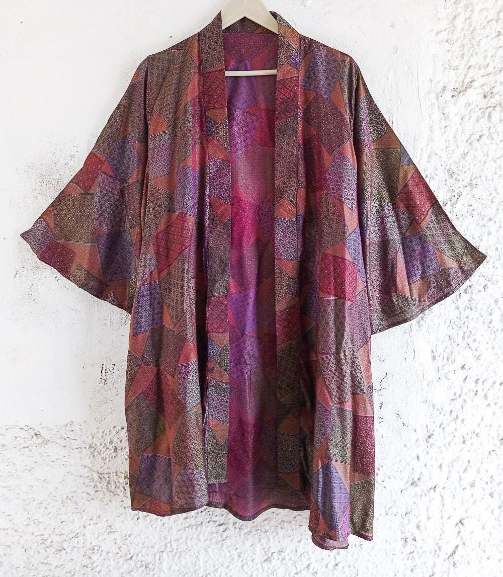Pure Silk Midi Kimono Knee Length Gown Silk Robe MKMO1678