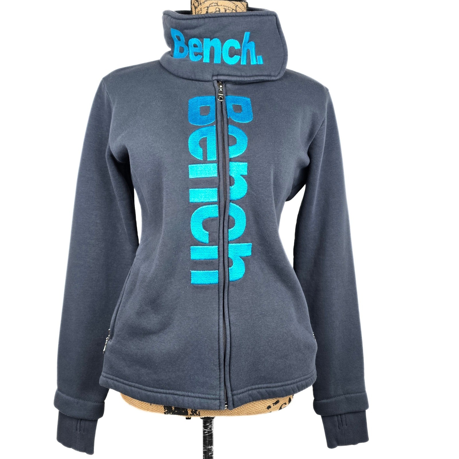 Bench Full Zip Grey Funnel Neck Teal Logo Thumbhole Sweatshirt Womens M