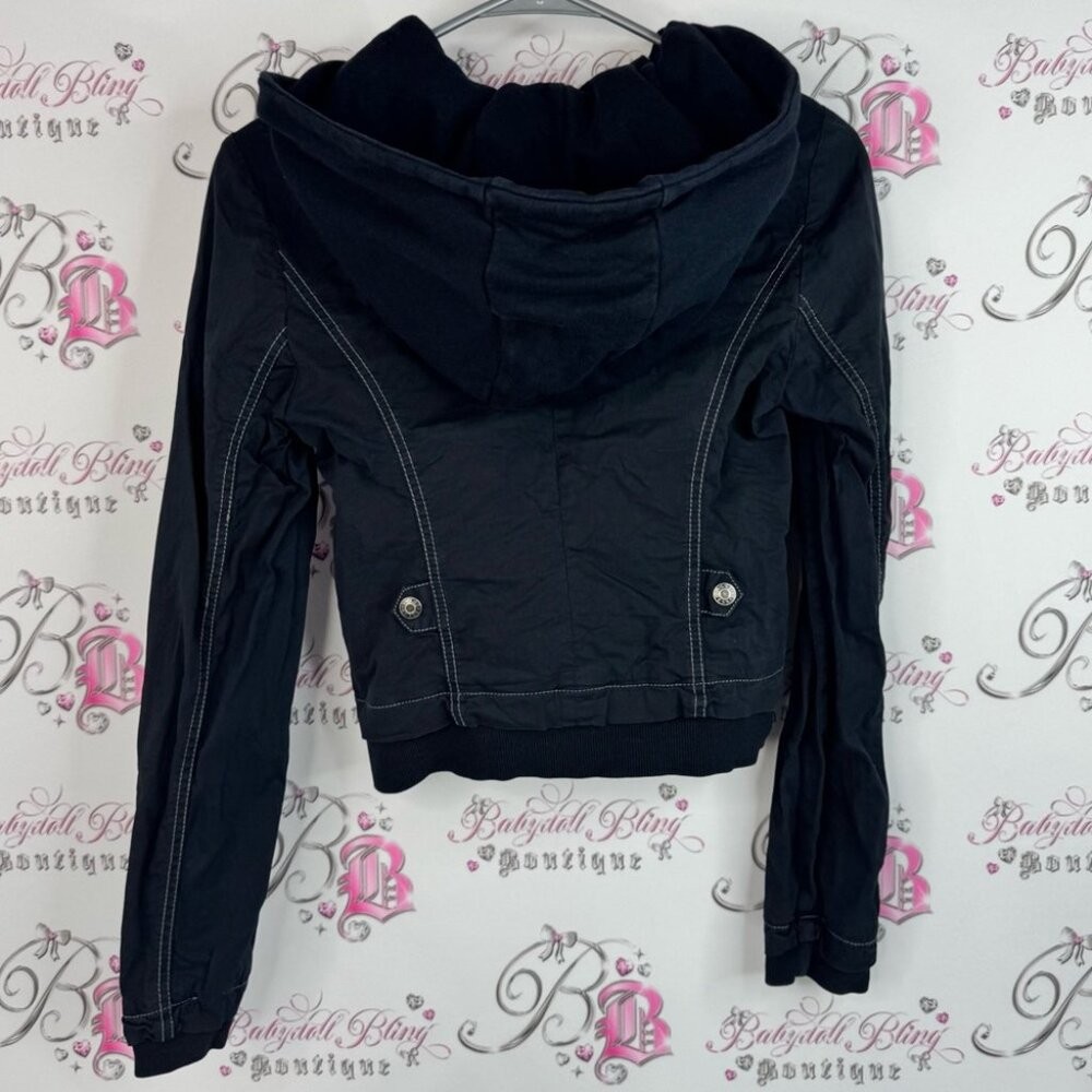 Guess jacket hood zip up logo pockets cargo Black Utility Jacket for Women