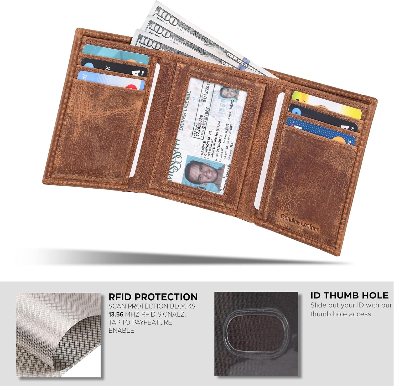 Tri Fold Leather Wallet for Men with RFID | Slim Wallets for Men with 1 ID and 6