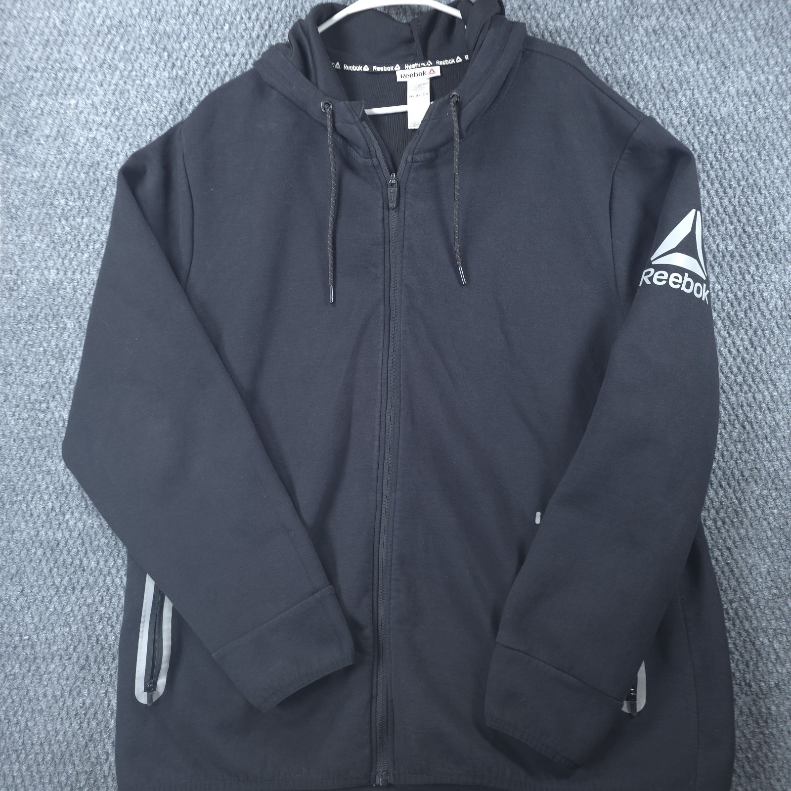 Reebok Full Zip Hooded Performance Jacket Mens XXL Black Athletic Reflective Gym