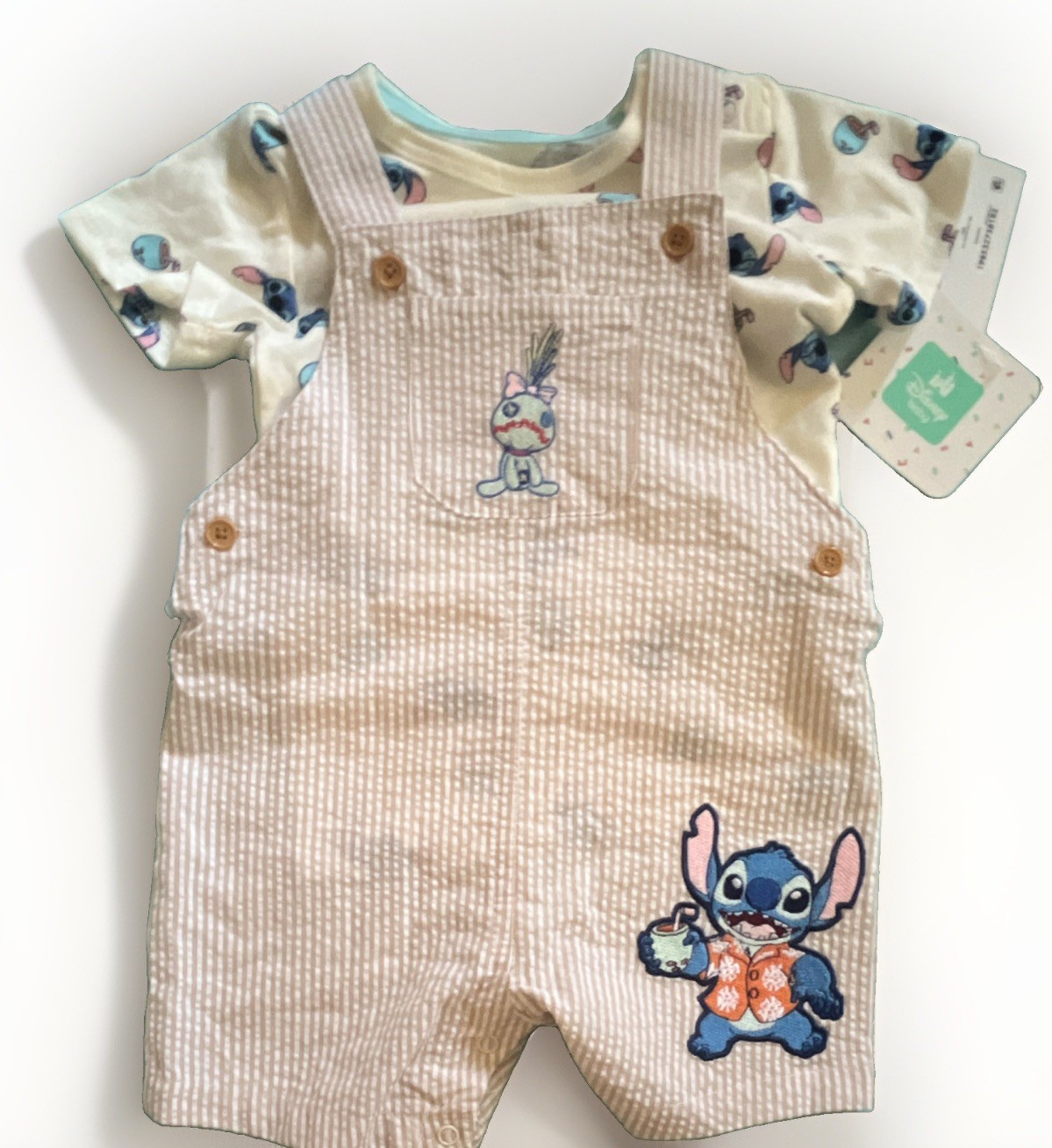 Disney Stitch 2pc Seersucker Striped Overalls & Short Sleeve Shirt Set 12M