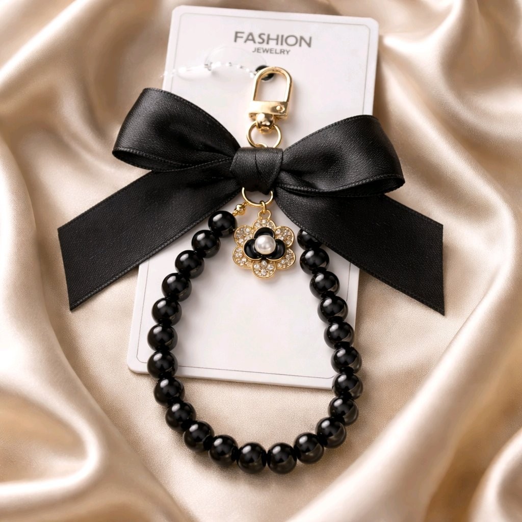 Elegant Bow Pearl Keychain Bag Charm Floral Camellia Pendant Wristlet Gift NEW