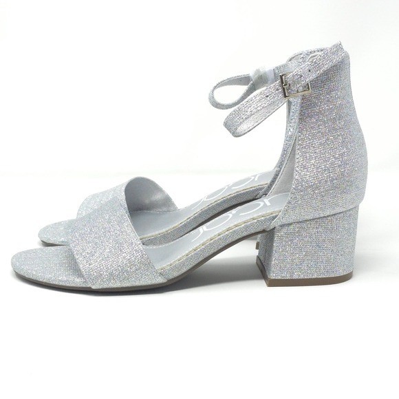 Sugar Noelle Silver Glitter Ankle Strap Block Heel Sandals Size 6M