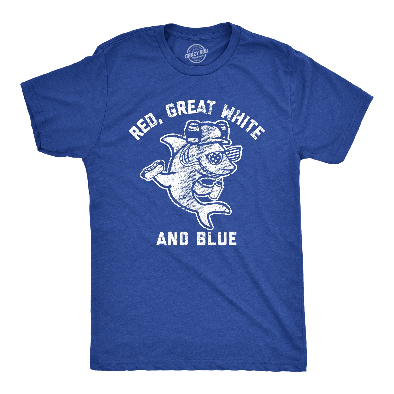 Mens Red Great White and Blue T Shirt Funny 4th Of July Shark USA Patriotic