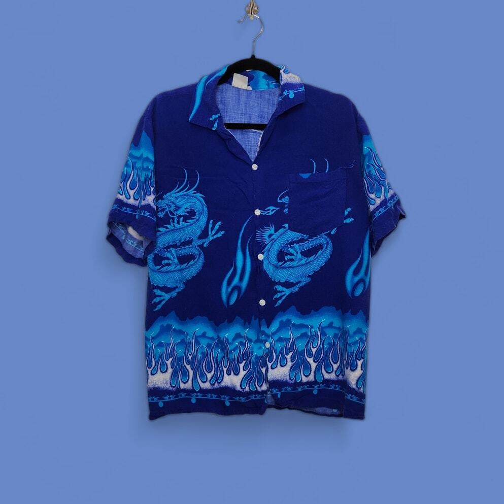 Vintage 90s y2k Button Hawaiian Dragon Art Hip Hop Shirt VTG Cobain Grunge