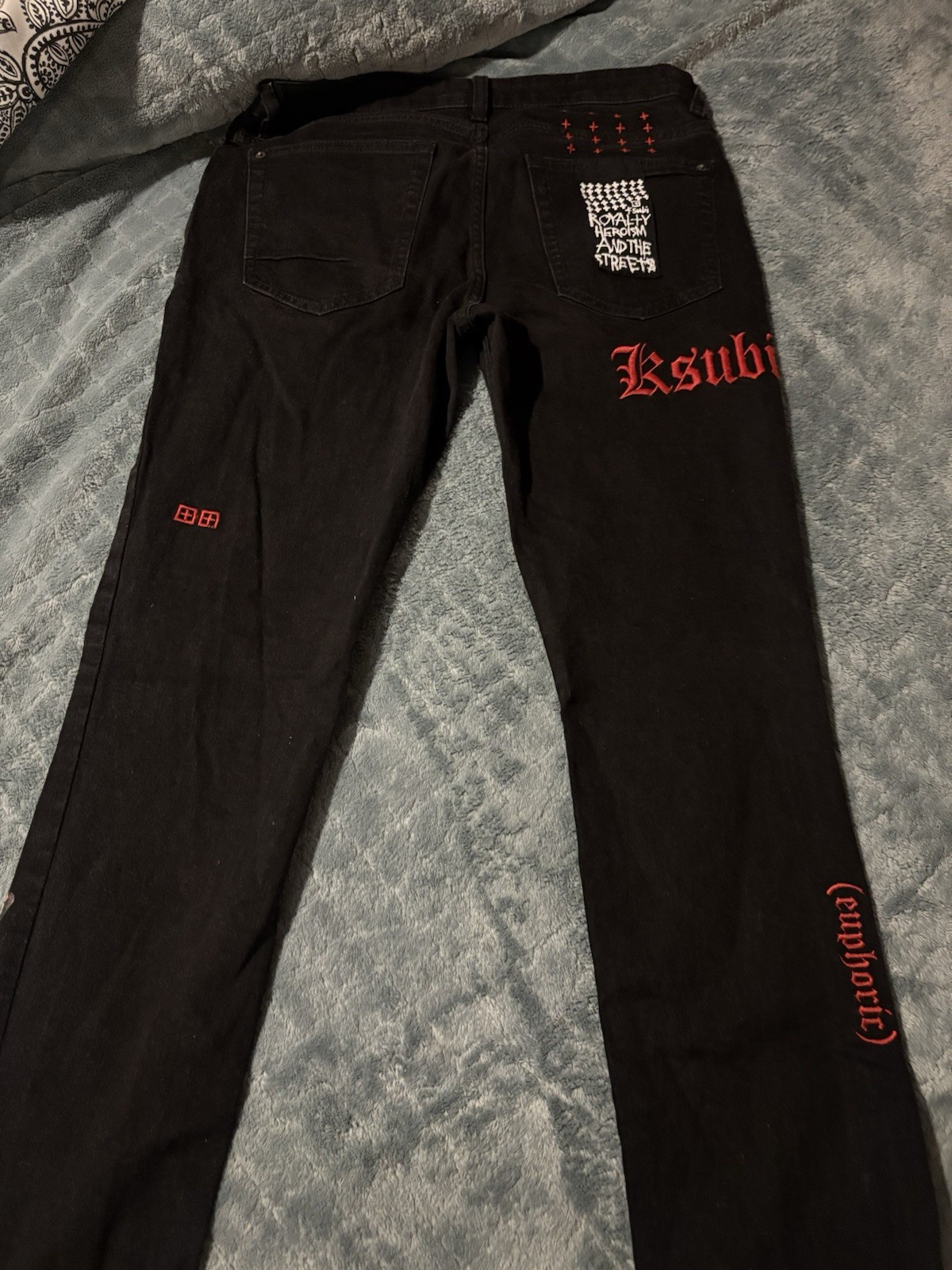 Ksubi Men’s Black Slim Skinny Jeans Button Fly Red Embroidered Logo Dark Wash
