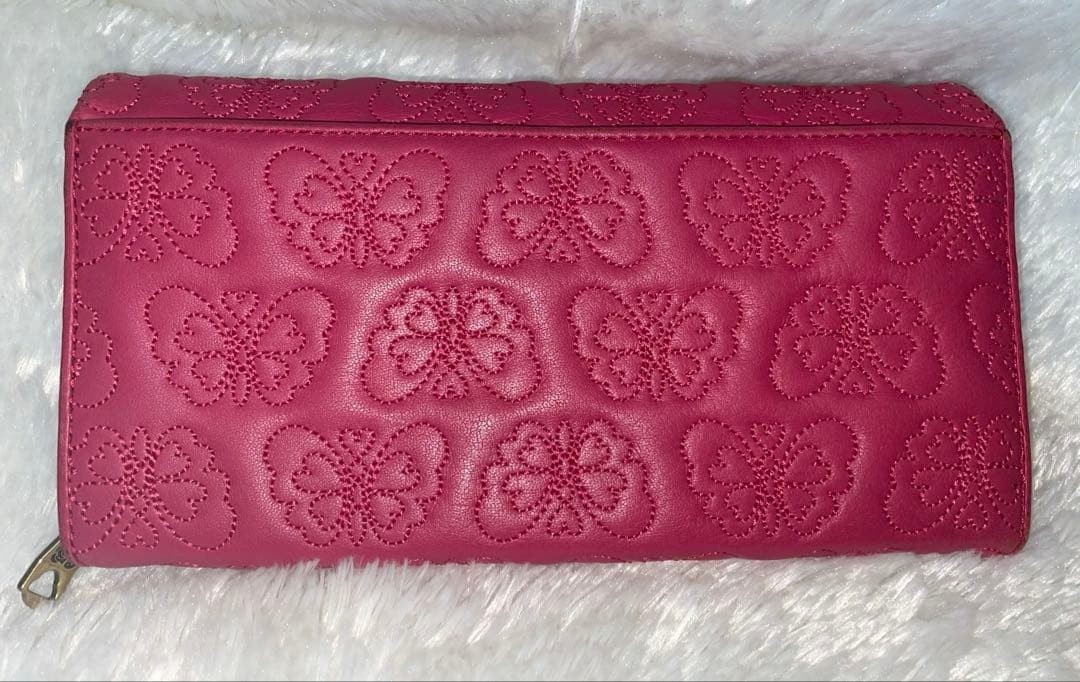 ANNA SUI Butterfly Embossed Long Wallet Pink Heart Charm 20cm 7.9in Used