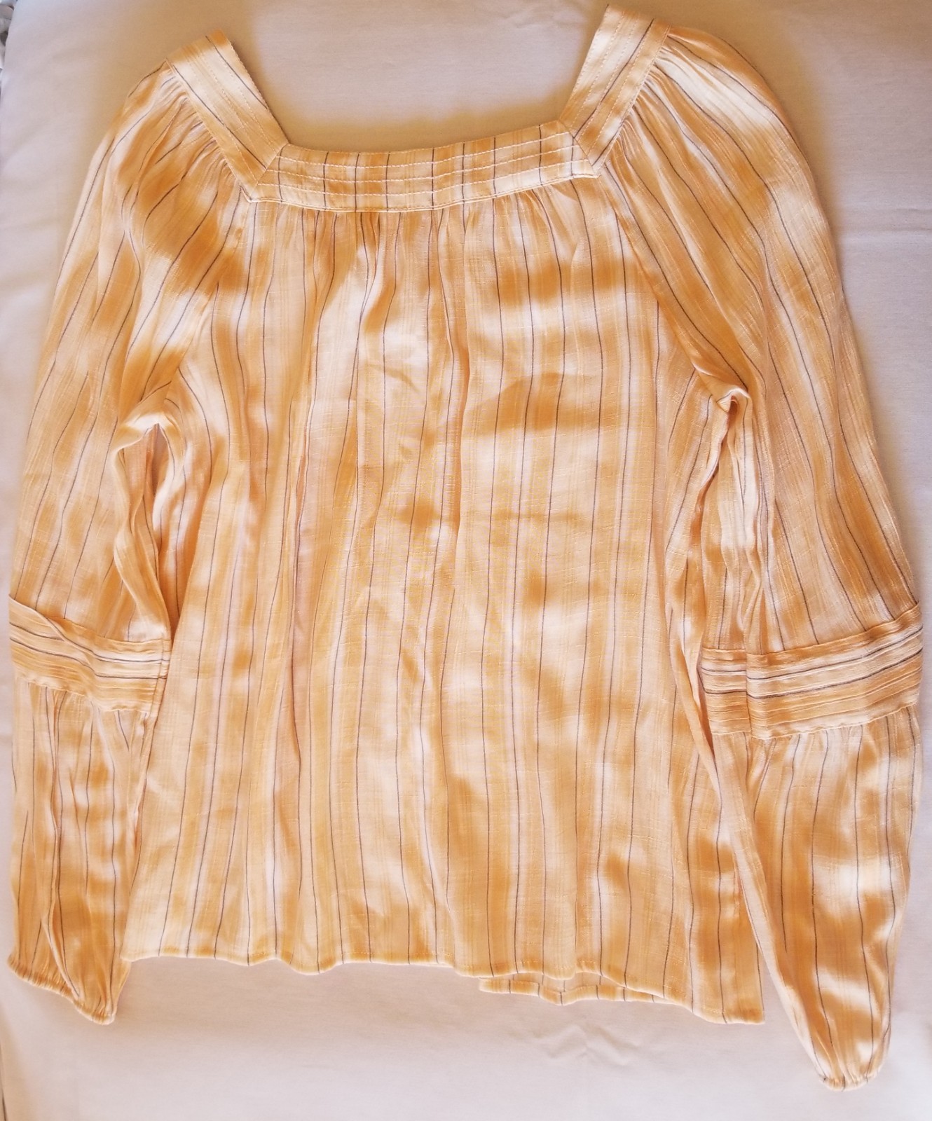 LC Lauren Conrad Peasant Blouse Peach Colored with Gray Pin Stripes Sz L Boho