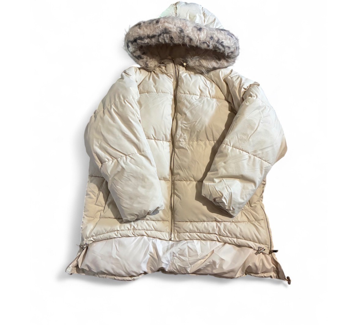 Forever 21 Cream Winter Puffer Jacket Faux Fur Hooded Trim Long Parka Large