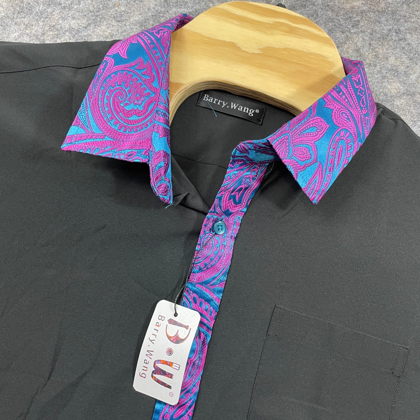 Barry Wang Large NEW Black Paisley Collar Polyester Blend Button Up Shirt