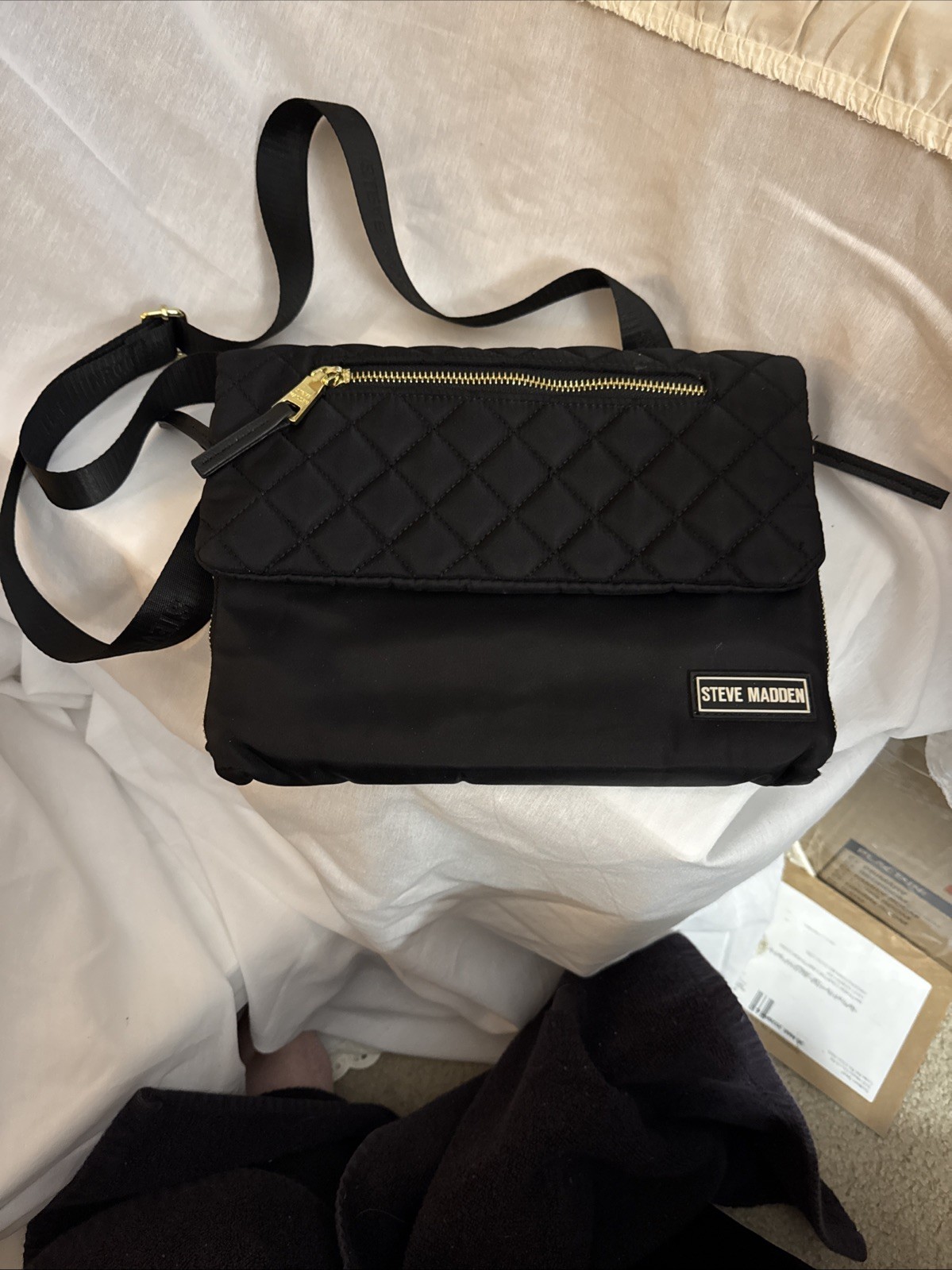 Steve Madden Black Crossbody Bag Quilted, Logo & Zipper Accents