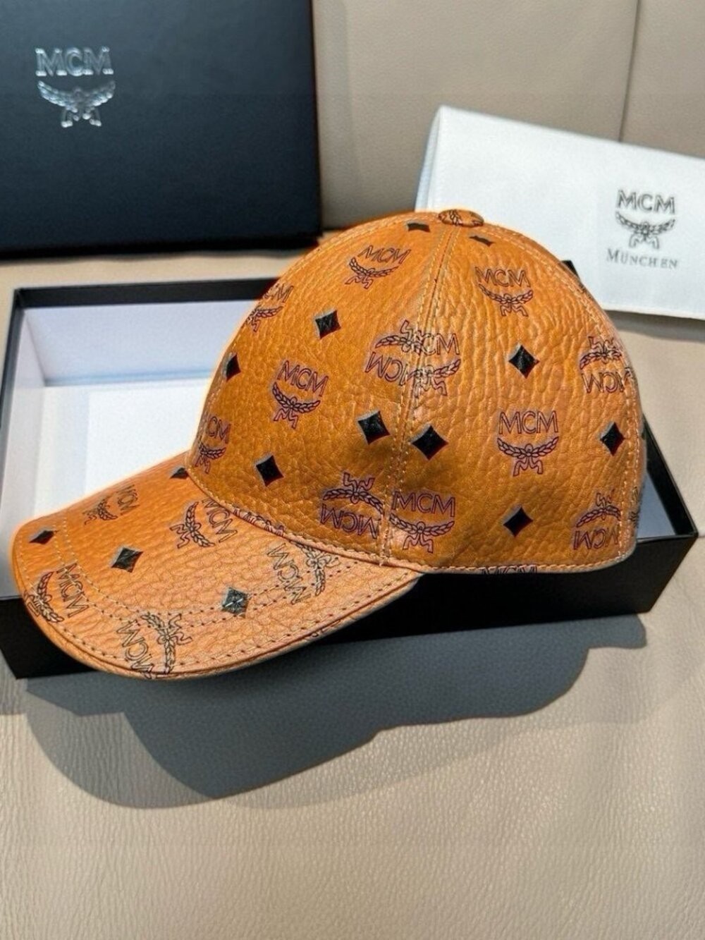 MCM Cognac Visetos Leather Baseball Cap Black Studs Adjustable
