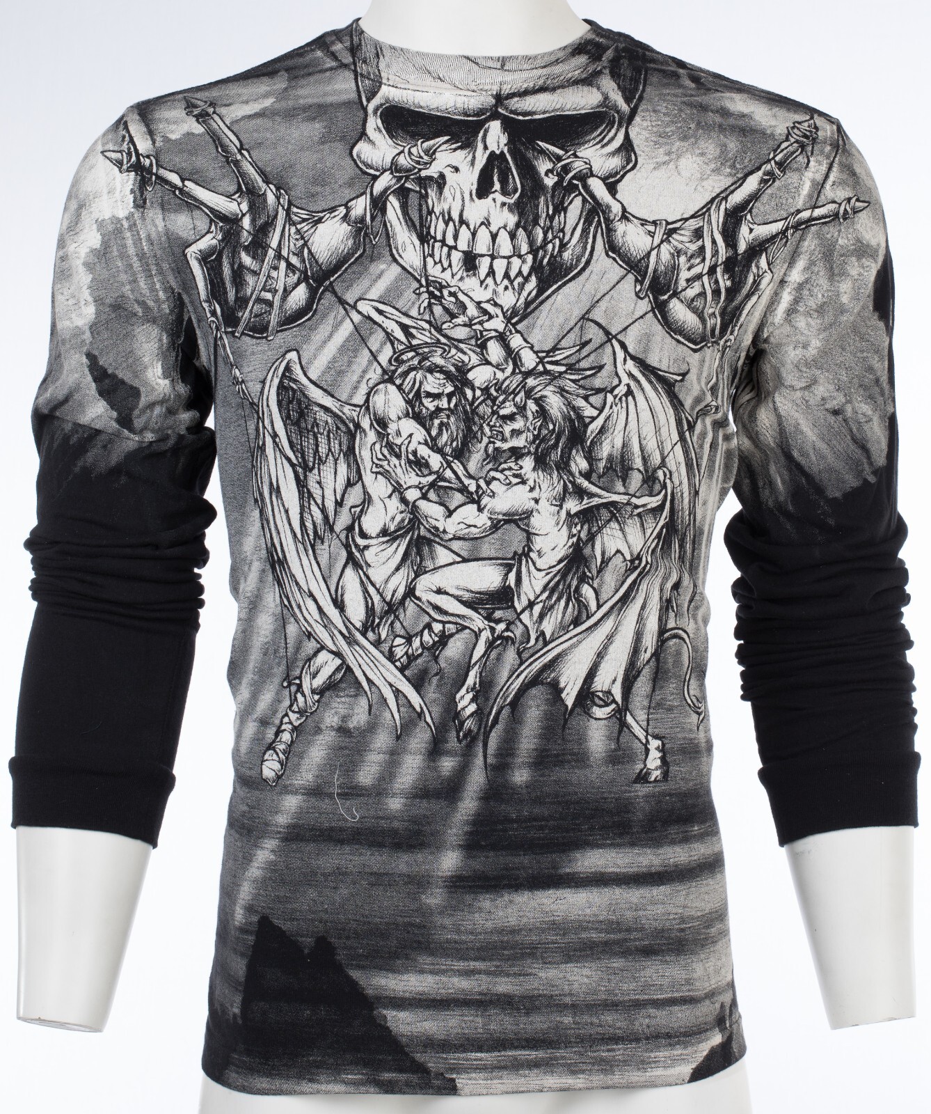 $78 AFFLICTION Black PUPPET MASTER Skull Long Sleeve Slim Fit Y2K T-shirt NWT
