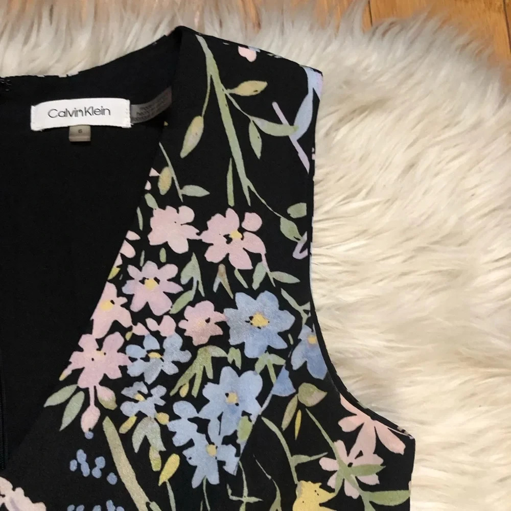 Calvin Klein Mixed Floral Asymmetrical Handkerchief Black Yellow Midi Dress 6