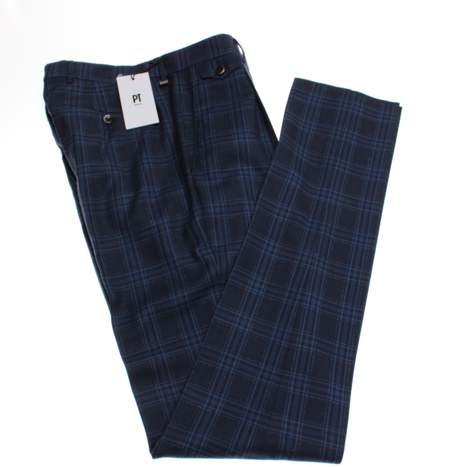 PT Torino NWT Dress Pants Size 46 (30 US) In Blue Plaid 100% Wool Gentleman