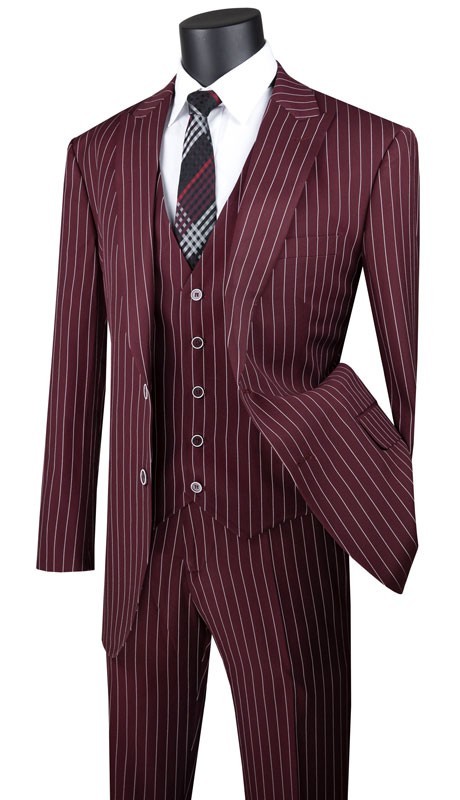 Vinci Men’s Regular Fit Gangster Stripe 2-Button 3-Piece Suit Burgundy