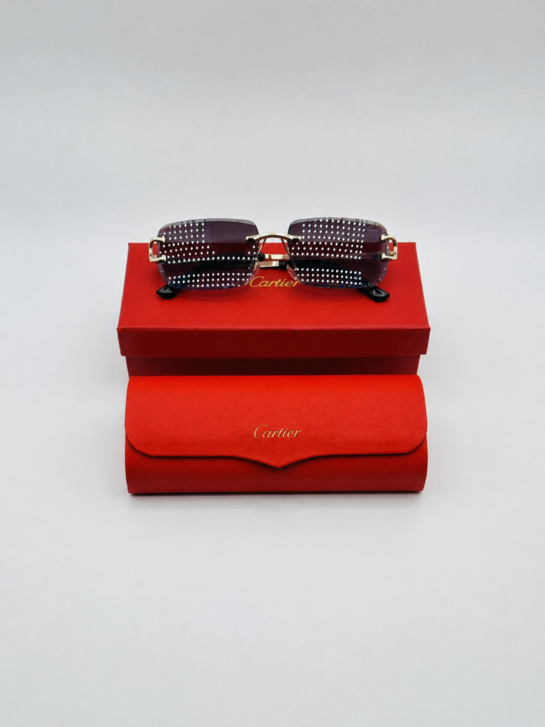Cartier Big C Diamond Cut Red to Blue Fade Frameless Lens Gold Frame FREE SHIP