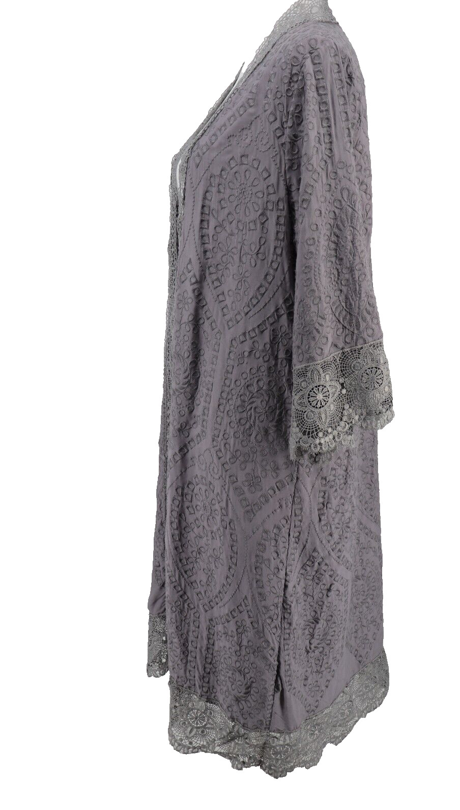 Paparazzi Long Cardigan Womens Large Gray Embroidered 3/4 Sleeve Open Jacket New