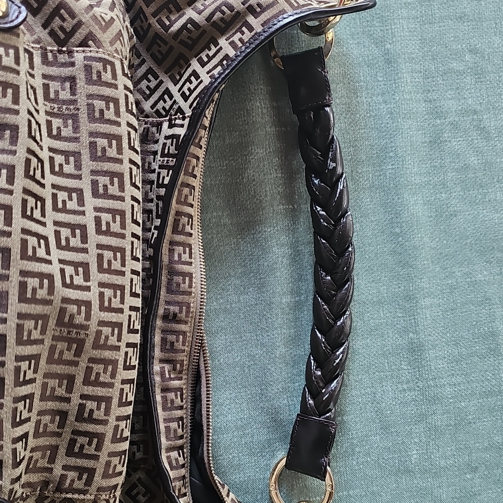 Fendi Zucca FF Logo Shoulder Bag, Zip Closure, Braided Strap, Gold Hardware