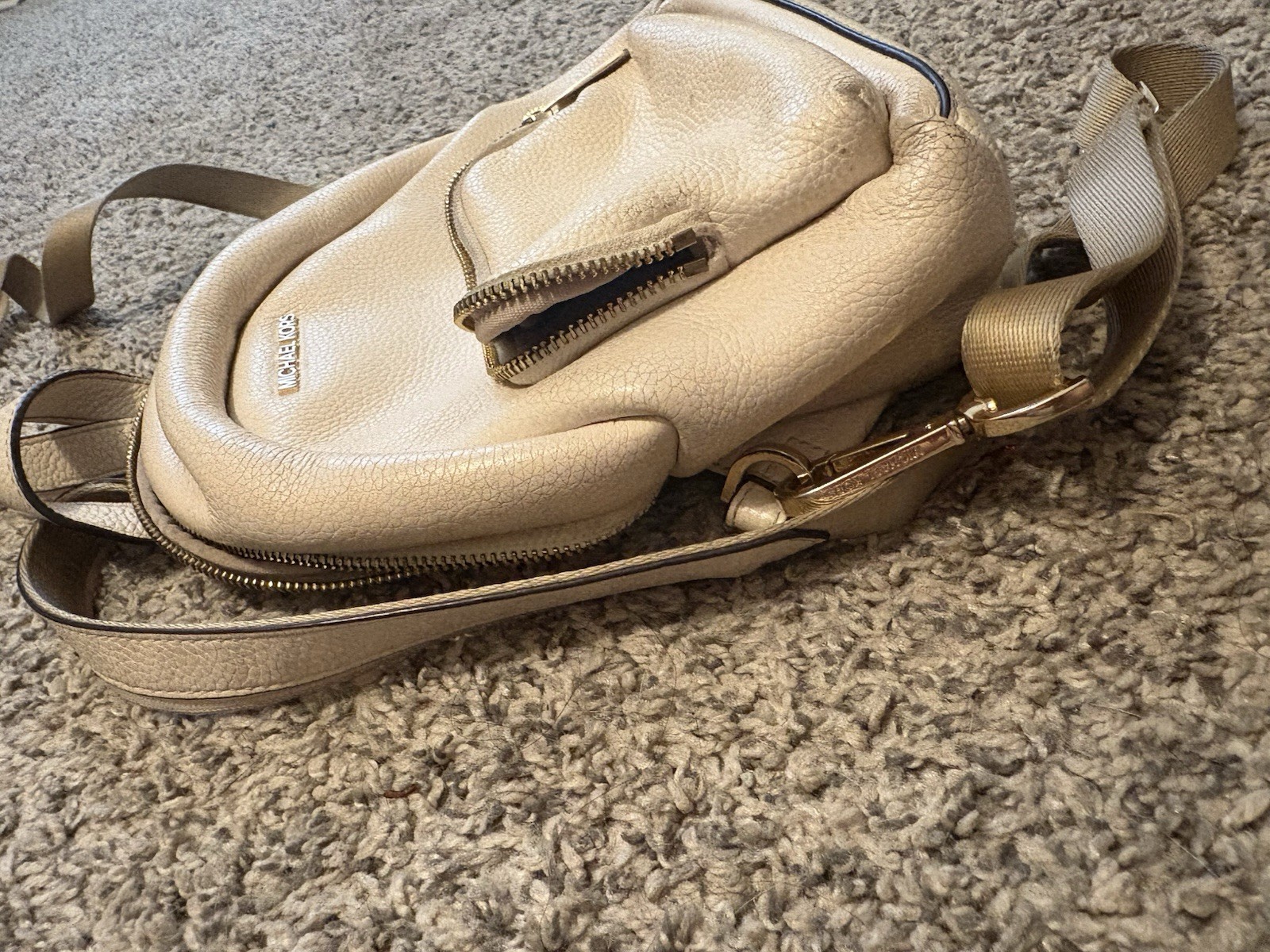 Michael Kors Beige Small Mini Backpack Pebbled Gold Hardware Zip Pockets