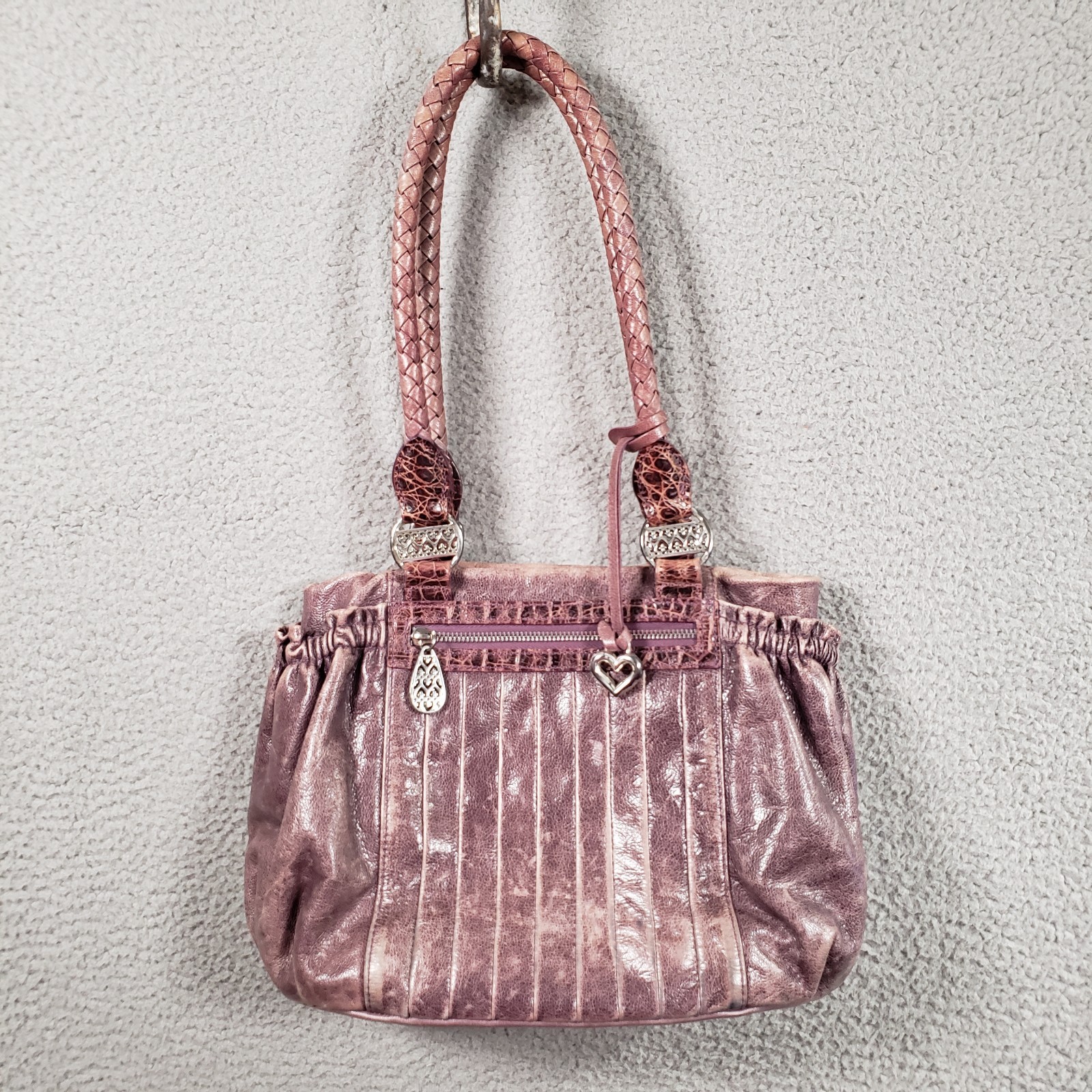 Brighton Purple Distressed Leather Shoulder Bag Pleat Elastic Pockets Heart Rare