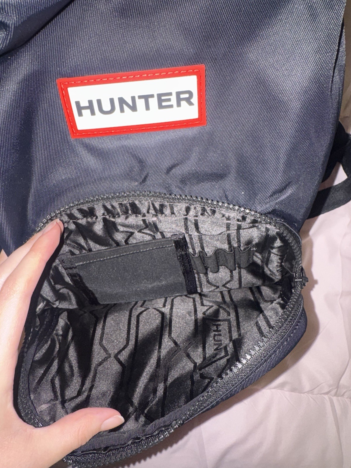 Hunter Black Small Backpack Zip Closure Front Pocket Top Handle Logo Patch