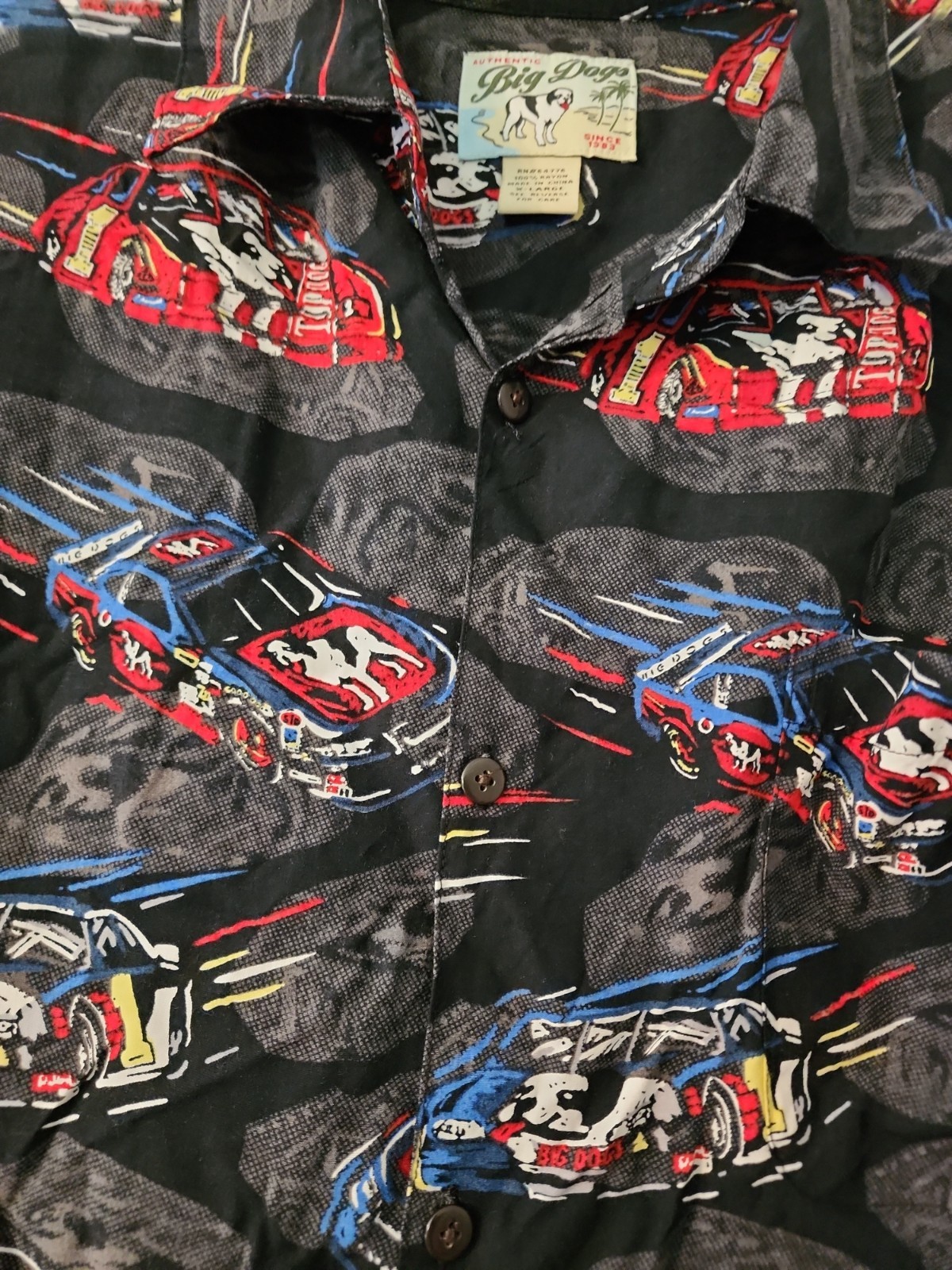 Y2k Big Dogs Shirt Mens XL Dog Print Race Cars Graphic All Over Racing