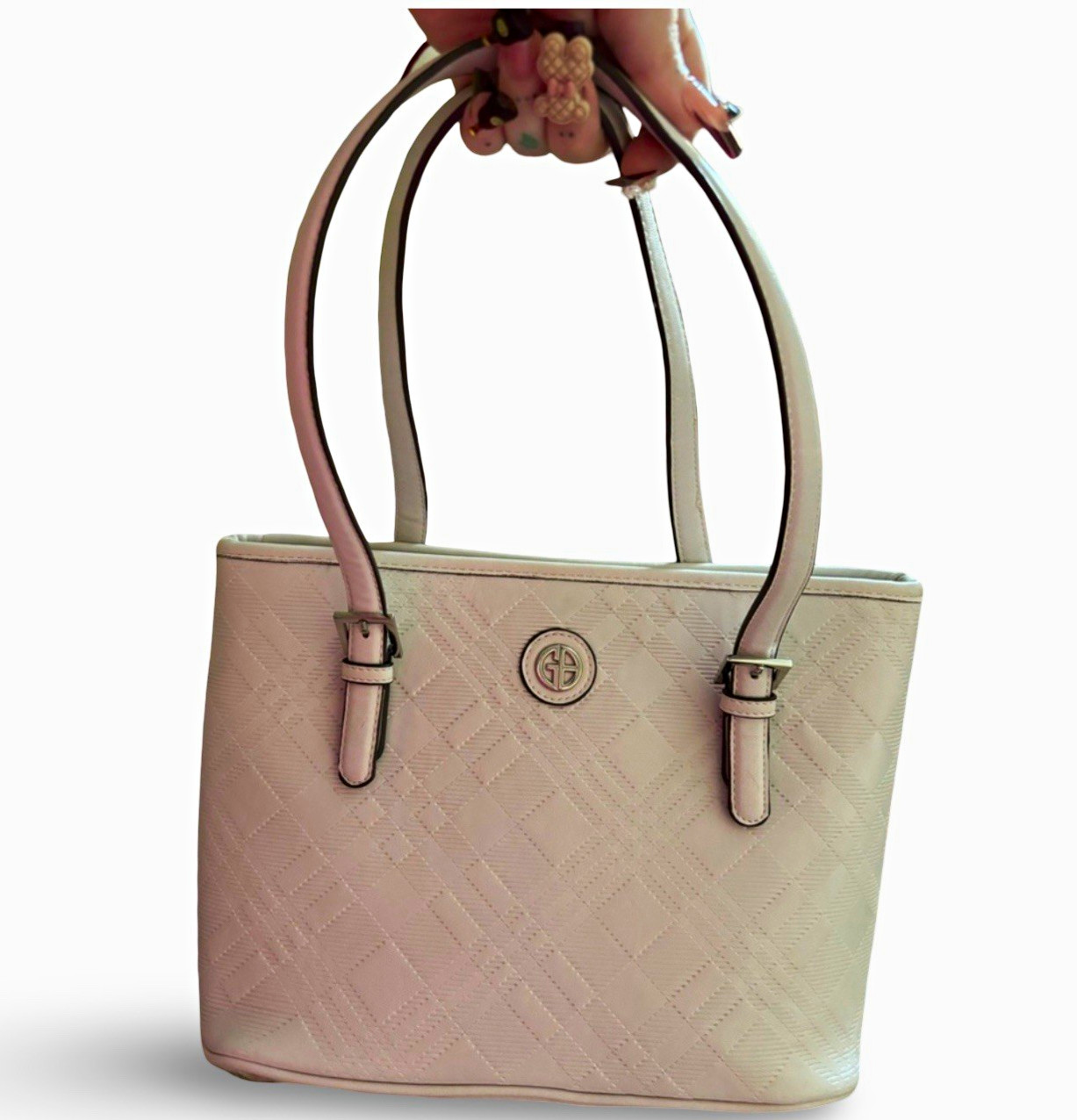 Giani Bernini Beige Embossed Logo Tote Bag, Zip, Double Handles, Pockets
