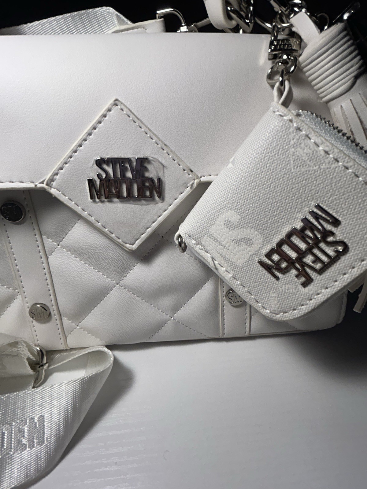 Steve Madden White Quilted Satchel Top Handle Crossbody Detachable Strap Charm