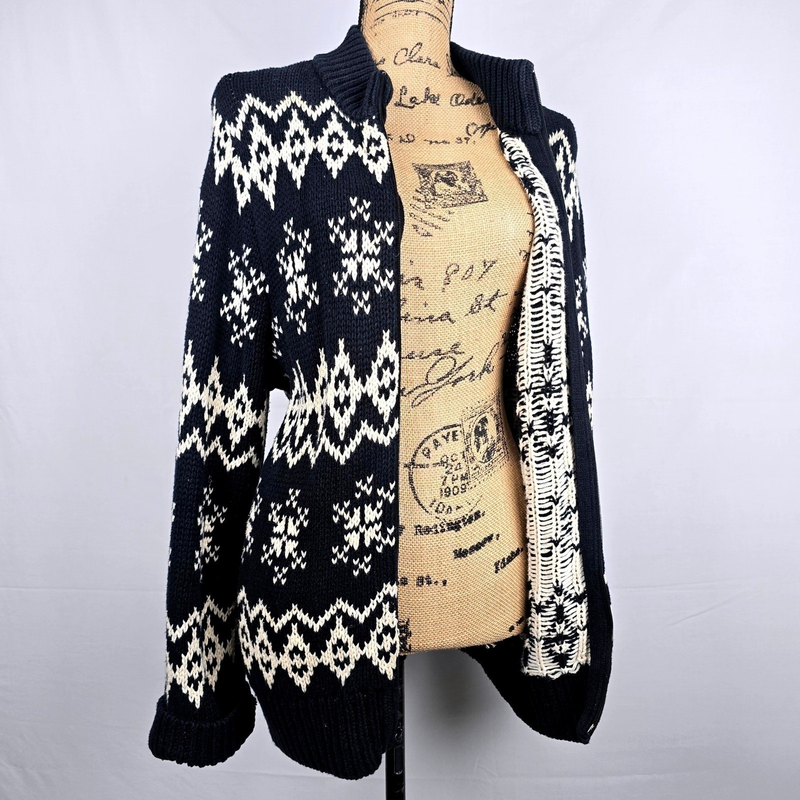 New York & Company Fair Isle Zip Sweater XL Black off White Nordic Snowflake